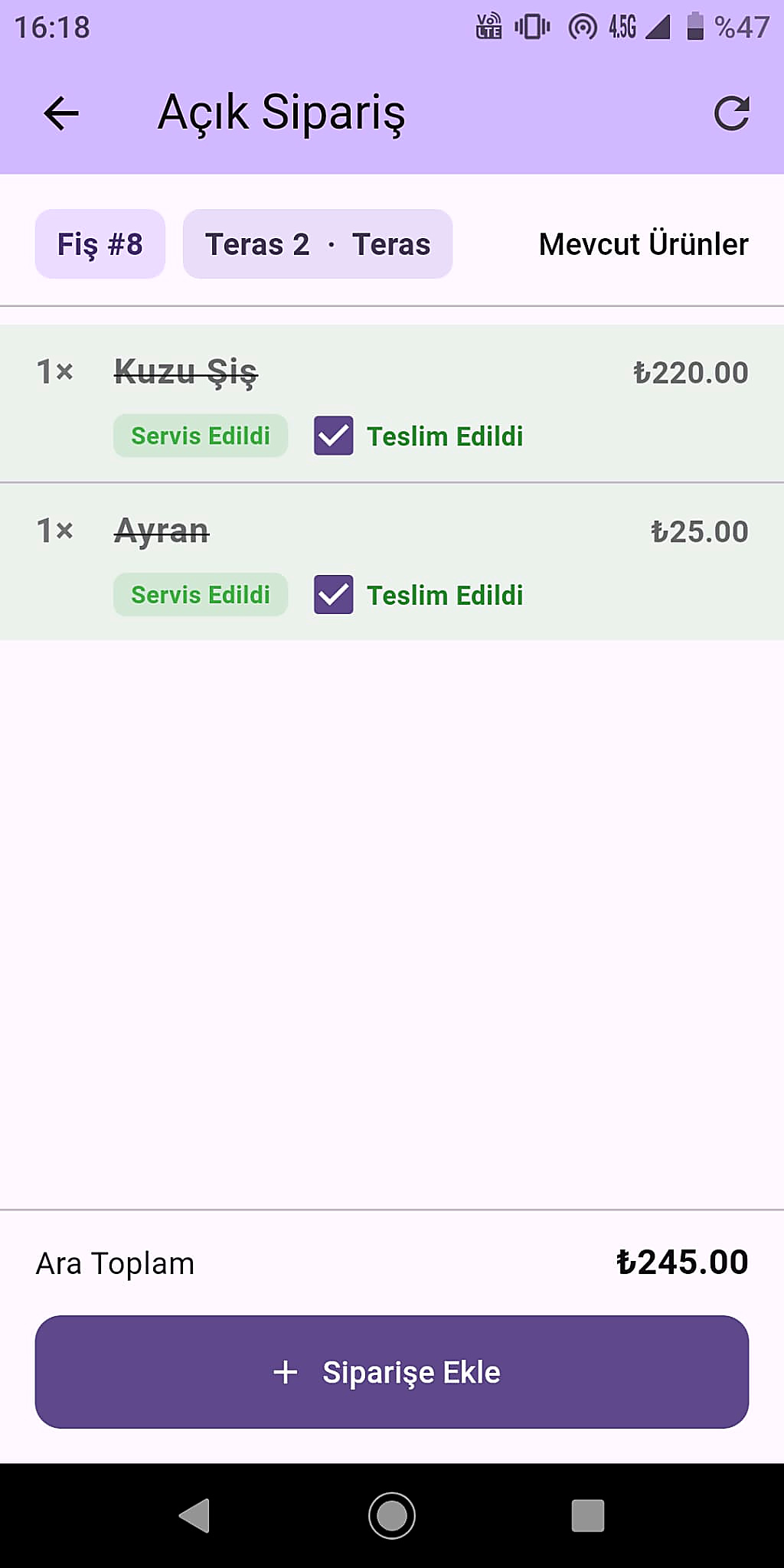 Açık sipariş ekranı - ürün takibi